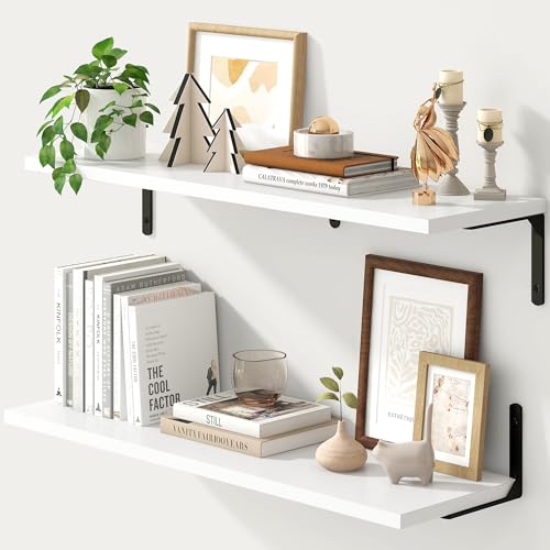 Fun Memories Deep Floating Shelves, 32W x 8D Floating Shelves Set of 2, Wall Mounted Shelf with Metal Brackets, Rustic Wood Wall Shelf for Bathroom, Kitchen and Living Room, White - color: White | L Bracket, size: 31.5"L x 8"D