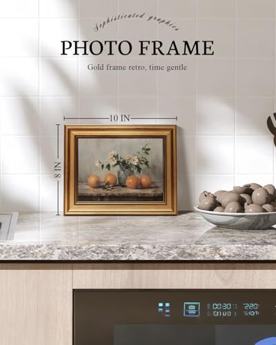 VIYYIEA Gold Framed Wall Art, Oranges Still Life Print Kitchen Wall Art - color: White Roses Vase, size: 10"L x 8"W
