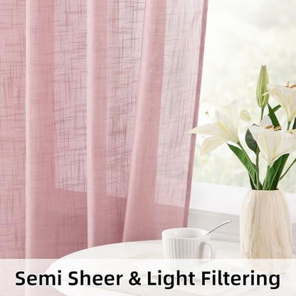 HOMEIDEAS Pink Linen Textured Sheer Curtains, 52 X 84 Inch, 2 Panels - color: Pink, size: 52"W x 84"L (Pack of 2)
