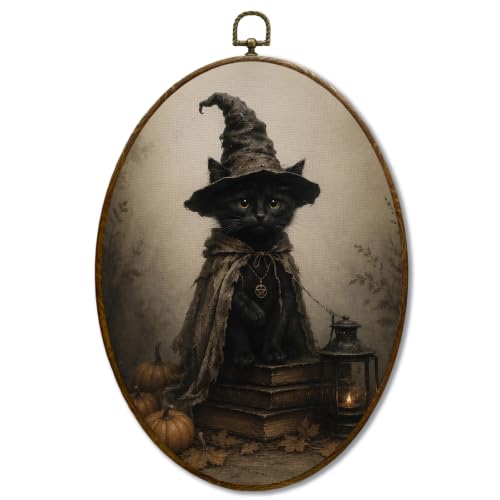 JQF Halloween Witchy Black Cat Oval Wall Decor Framed 8.5x11.5 Inch - color: fall cat-2