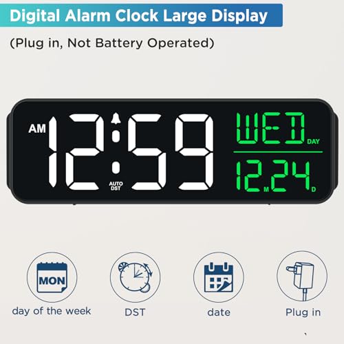 Peakeep Large Display Digital Alarm Clock for Bedroom with Date Day of Week - color: White and Green