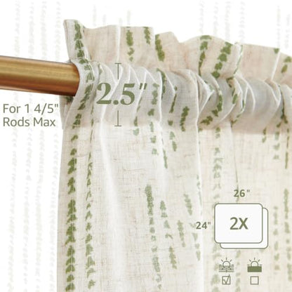 jinchan Linen Striped Tier Curtains for Kitchen Windows Boho - color: Boho Green | on Beige, size: 26"W x 24"L (Pack of 2)