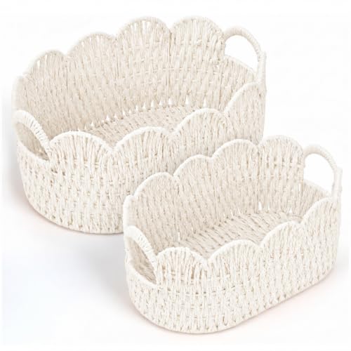Endymion Set of 2 Paper Rope Scalloped Basket, Wicker Storage Baskets White - color: White