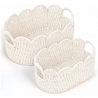 Endymion Set of 2 Paper Rope Scalloped Basket, Wicker Storage Baskets White - color: White