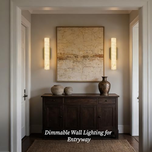 Alabaster Wall Sconce, 20in Linear Gold Brass Wall Sconces, Luxury Marble Look Bathroom Vanity Light, 3000K Dimmable Hardwired Wall Lamp for Living Room Bedroom Hallway, 1 Pack, Faux Alabaster - color: Gold-20in-1pcs