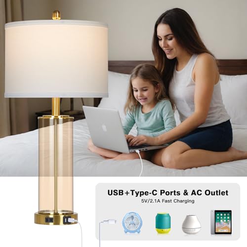 26" Modern Brown Glass Table Lamps Set of 2, Bedside Lamp with USB A+C Ports & AC Outlet, Living Room Lamps with 3-Way Dimmable Touch Control, Stylish Bedside Lamp for Bedroom Nightstand Dining Table - color: Brown