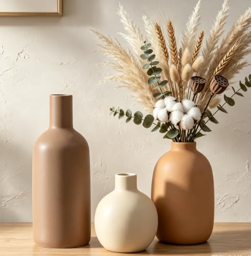 Large Ceramic Vase Set of 3, Brown Rustic Vases Home Decor Waterproof - color: 3pcs-neutral Large