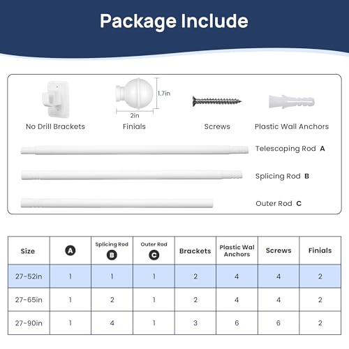 ENJOYBASICS 2 Pack 28-48" No Drill Curtain Rods, Renter Friendly, White - color: White, size: 27-52''
