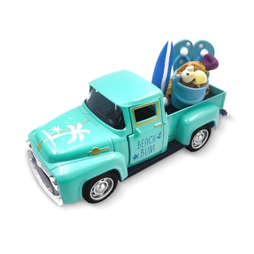 Beach Decor Metal Truck with Mini Fake Beach Buckets Surfboards Flip Flops - color: Beach - Aqua Blue