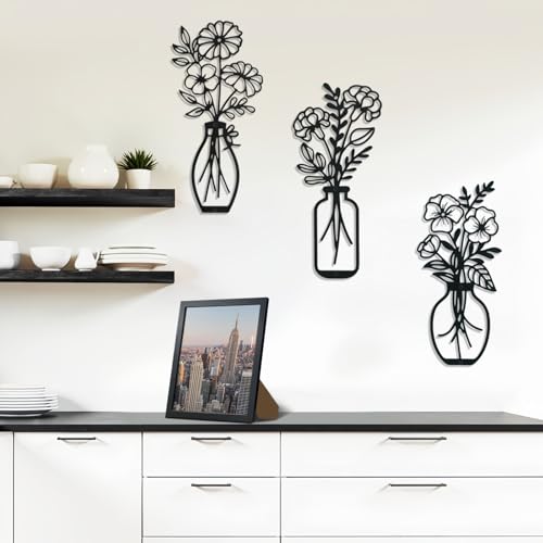 Lcaughsy Metal-Wall-Art Decoration - Metal Wall Decor Floral and Picture Frame For Living Room, 3 Pcs Hanging Wall Decor Art for Home Dining Room Bedroom Kitchen Farmhouse, Black