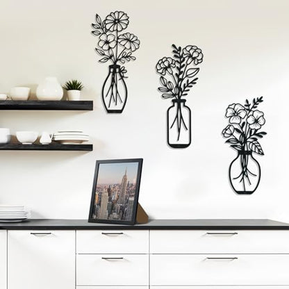 Lcaughsy Metal-Wall-Art Decoration - Metal Wall Decor Floral and Picture Frame For Living Room, 3 Pcs Hanging Wall Decor Art for Home Dining Room Bedroom Kitchen Farmhouse, Black