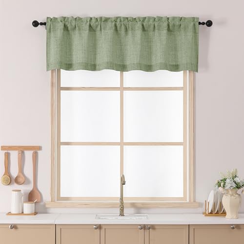 Chyhomenyc Green Valance for Windows, Light Filtering Faux Linen Slub Textured Small Kitchen Valance, Rod Pocket Top Window Short Curtain for Bathroom Basement Farmhouse, 60Wx14L Inch - color: Green, size: 60"W x 14"L (Pack of 1)