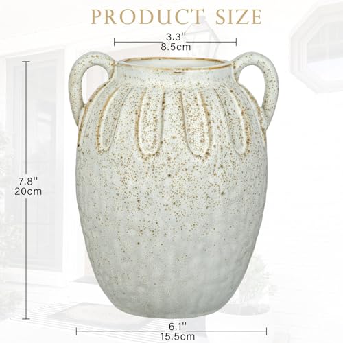 White Ceramic Vase with 2 Handles,7.8 Inch Rustic Farmhouse Decor - size: 7.8 inches