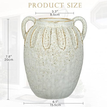 White Ceramic Vase with 2 Handles,7.8 Inch Rustic Farmhouse Decor - size: 7.8 inches
