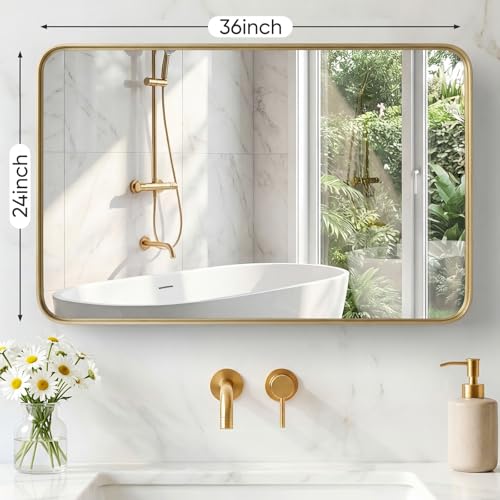 Sweetcrispy Bathroom Mirror 36x24 Inch, Vanity Mirror for Wall - color: Gold, size: 36"L x 24"W