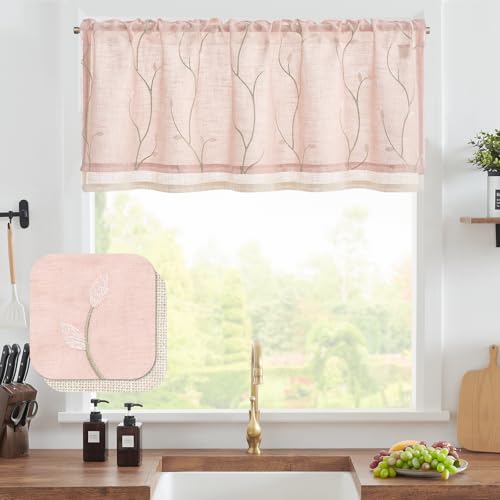 jinchan Linen Kitchen Valance Sheer Leaf Embroidered 18 Inch 1 Panel Pink - color: Leaf | Pink
