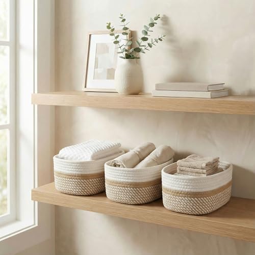 Beautiful Storage Basket Set of 3 - Sturdy Rope Baskets for Shelves - color: Beige-Brown