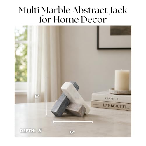Abstract Jack for Book Shelf and Home Decor - Marble Sculpture for Bathroom, Small Bedroom, Kitchen Counter, and Living Room - Contemporary Modern Style Desk Accessory for Office - 6", White & Tan