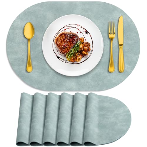 ADRIMER Oval Placemats Set of 6, Wipeable Faux Leather, Light Blue - color: Light Blue