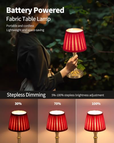 KDG Gold Cordless Table Lamps Set of 2, Red Fabric Shade Small Desk Lamp - color: Gold + Red Lampshde (2 Pack)