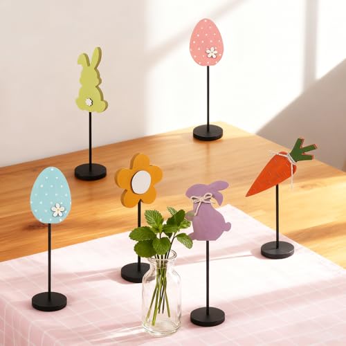 JIALEIXI 6PCS Wooden Easter Decorations, Spring Bunny Rabbit Egg Flower Table Sign, for Home Indoor Party Holiday Summer Farmhouse Decor