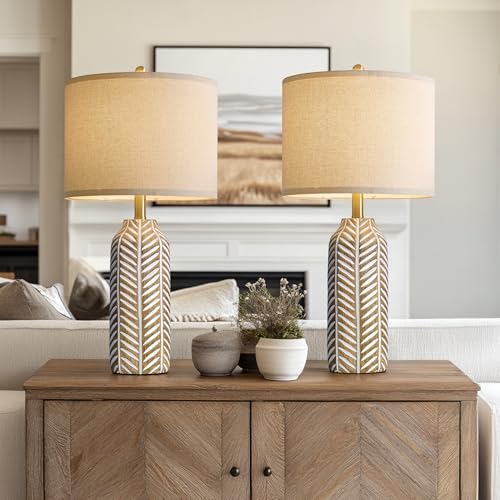 BOBOMOMO 26" Farmhouse Table Lamps Set of 2 - Vintage Leaf Design, Rustic Resin Nightstand Lamps for Bedroom, Living Room, Nursery, Hallway, Elegant Living Room Lamps with Linen Shades Antique Brown - color: Natural Wood Color