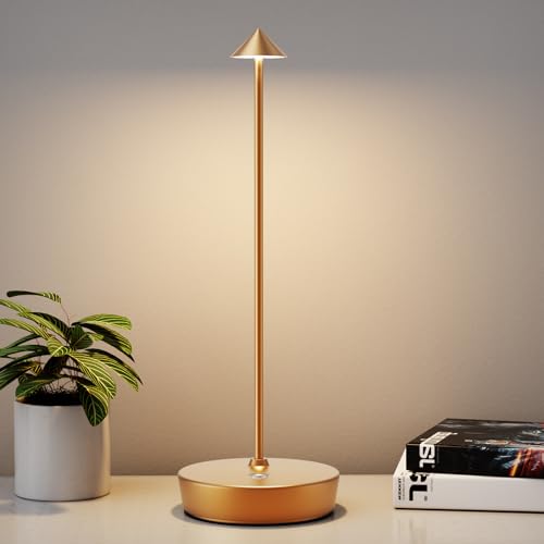 Rechargeable Cordless Table Lamp, Portable Powered LED Battery 6000mAh Metal USB Desk Lamp, 3 Levels Brightness Light for Restaurants Outdoor (Gold) - color: Gold