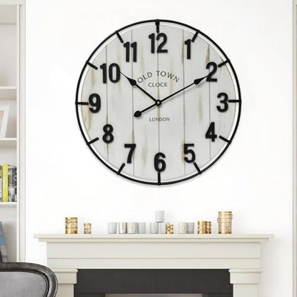 Large Old Town Farmhouse Wall Clock – 24 Inches Rustic Antique Wood with Metal Circle and Large Numerals, Silent Battery Operated Clock for Office, Kitchen, Bedroom, Living Room (Washed White) - color: White, size: 24 Inch