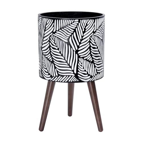 D'vine Dev 12 Inch Planter Pot with Wood Stand, White/Grey, 88-L-C-7 - color: White/Grey, size: Large