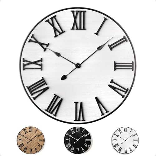 Large Wall Clock 24" Round, Silent Metal & Wood with Big 3D Roman Numerals - color: White