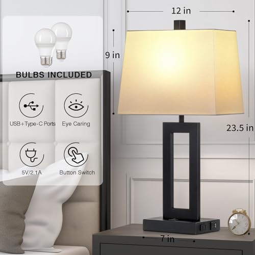 Cinkeda Black Bedside Table Lamp Set of 2,Nightstand Lamps with USB Ports - color: A.White&Black
