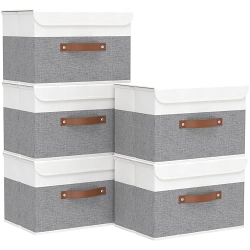Yawinhe Storage Bins with Lids,White/Grey,17.7x11.8x11.8in,5-Pack - color: White/Grey, size: XL/(5 Pack)