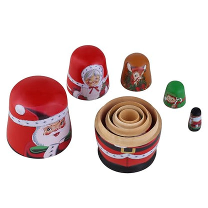 Mr. Christmas Set of 5 Nesting Wooden Christmas Figurines with Santa, Mrs. Claus, Reindeer, Elf, and Nutcracker, Hand Painted Holiday Decoration