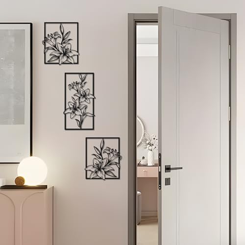 Set of 3 Lily Black Metal Wall Art Line Art Living Room Bathroom Home Decor | 3-Piece Matte Black Lily Metal Wall Sculpture, Floral Line Decor for Living Room Bedroom Bathroom, Ideal All-Occasion Gift