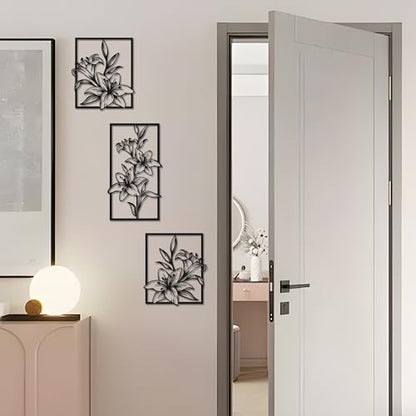 Set of 3 Lily Black Metal Wall Art Line Art Living Room Bathroom Home Decor | 3-Piece Matte Black Lily Metal Wall Sculpture, Floral Line Decor for Living Room Bedroom Bathroom, Ideal All-Occasion Gift