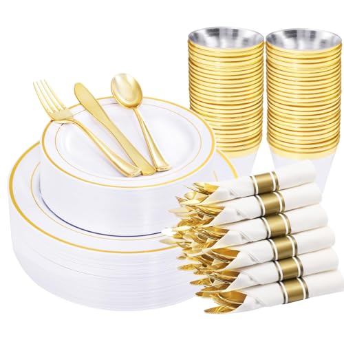 WELLIFE 210 Piece Gold Plastic Dinnerware Set, Include: 30 Dinner Plates, 30 Dessert Plates, 30 Pre Rolled Napkins with Silverware and 30 Cups - color: Gold, style: 210PCS（30 Guests）