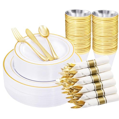 WELLIFE 210 Piece Gold Plastic Dinnerware Set, Include: 30 Dinner Plates, 30 Dessert Plates, 30 Pre Rolled Napkins with Silverware and 30 Cups - color: Gold, style: 210PCS（30 Guests）