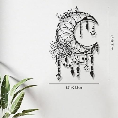 SYDERWE Metal Wall Art, Matte Black Moon Phase Decor, Celestial Bedroom Decor with Floral and Hanging Stars, Indoor & Outdoor