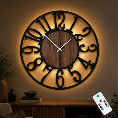 30" Silent Large Wall Clock – Adjustable Night Light, Battery Operated - color: Black Walnut - Arabic Numerals, size: 30 inch(76 cm)