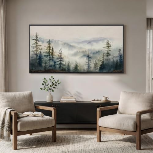 Framed Misty Forest Mountain Landscape Wall Art for Living Room, 60x30 Inch - color: Green and Gray