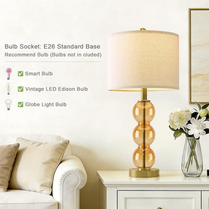 Oneach 25" Amber Glass Table Lamps for Living Room, Glass Modern Table Lamp Set of 2, USB Charging Ports, Linen Shade, Bedside Lamps for Bedroom, Nightstand, Side Table (Bulbs not Included) - color: Amber
