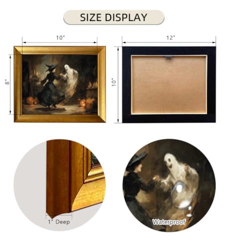 Vintage Halloween Wall Art - Witch & Ghost Dancing Oil Painting, Spooky Gothic Decor with Pumpkin & Candles, Gold Framed Canvas Print, Dark Romantic Poster for Home Decoration, 10x12in Ready to Hang - color: Dancing Witch & Ghost, size: 12"L x 10"W