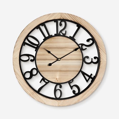 Maxstar 24'' Wall Clock for Living Room Decor, Ultra-Silent Rustic Wooden Farmhouse Wall Clock with Metal & Real Wood Frame, Battery Operated, for Kitchen Bedroom Office, Arabic Numerals