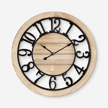 Maxstar 24'' Wall Clock for Living Room Decor, Ultra-Silent Rustic Wooden Farmhouse Wall Clock with Metal & Real Wood Frame, Battery Operated, for Kitchen Bedroom Office, Arabic Numerals