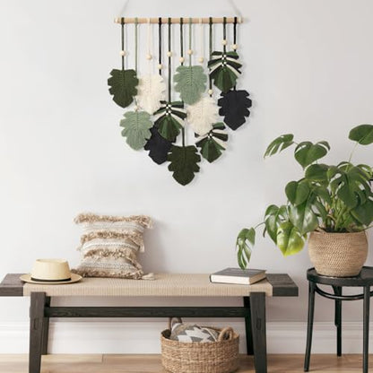 Macrame Wall Hanging Boho Home Decor Bohemian Leaves Woven Yarn Tapestry - color: Z Leaves-Green