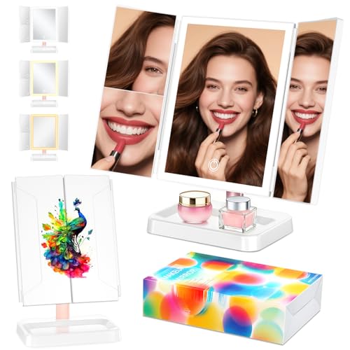 BERTHALESS Peacock Print Tabletop Rechargeable Lighted Vanity Mirror - color: Red Peacock B & Rechargeable