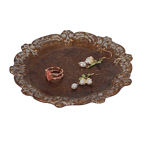 S-MANTIS Vintage Tray Small Antique Trinket Dish, Round, Ring Holder with Twisted Flower Surrounding, Cosmetics Makeup Storage Organizer, Gift, Aesthetic Room Decor (Bronze-Flower) - color: Bronze-flower