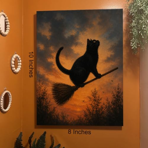 Halloween Wall Art Framed Canvas Print Black Cat Broom Poster - color: O