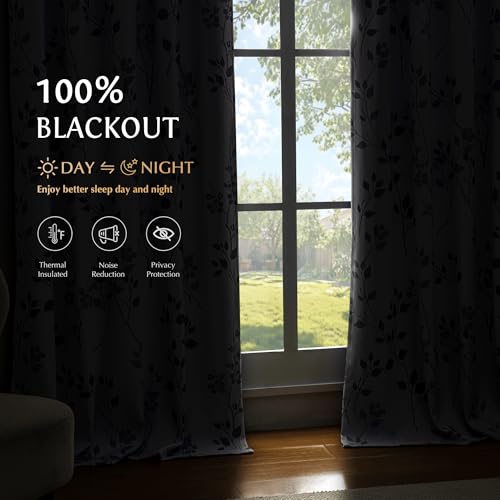 Beauoop Floral 100% Blackout Curtains for Bedroom Grey White 52X90 2 Panels - color: Rod Pocket | Grey, size: 52"W x 90"L (Pack of 2)