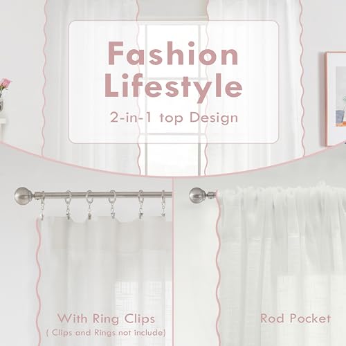 DriftAway Semi Sheer Scalloped Edge White Coastal Beach Window Curtains for Living Room Bedroom 2 Panels Rod Pocket Each Size 52 Inch by 54 Inch Pink - color: White Pink, size: 52"W x 54"L (Pack of 2)